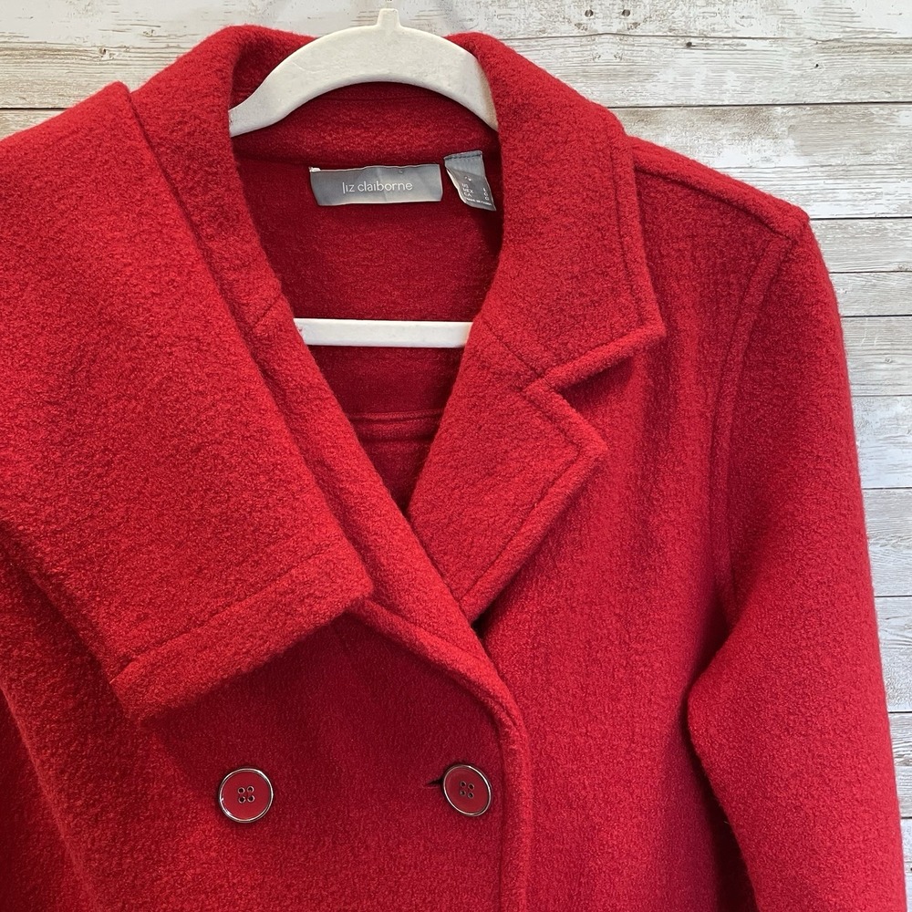 Liz Claiborne Womens L Jacket Peacoat Red 100% Wool Double Breasted Buttons